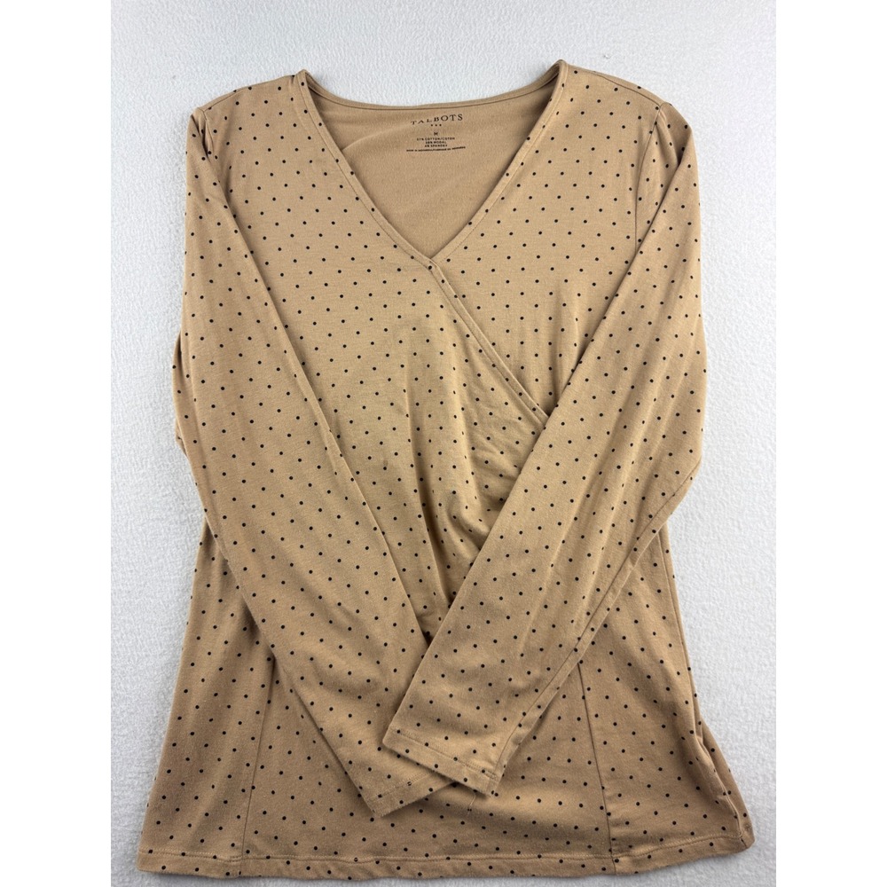 Talbots Womens Tan Polka Dot Faux Wrap V-Neck Long Sleeve Top Size M